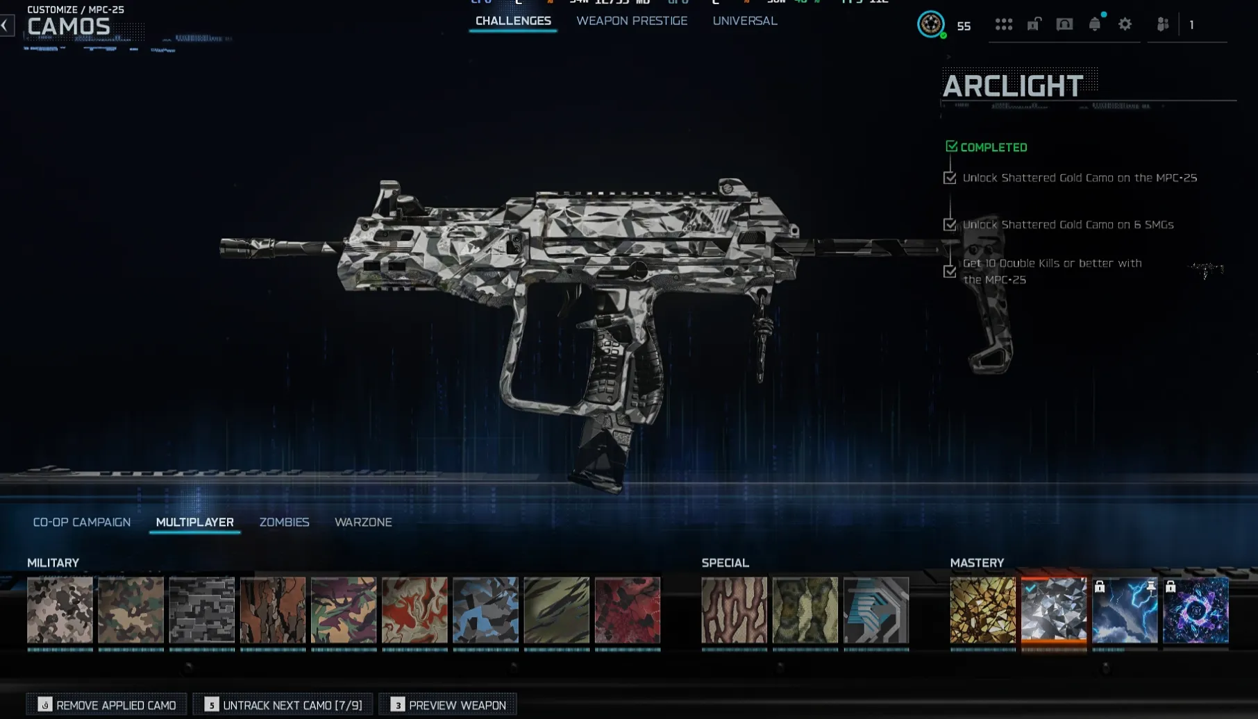 🛡️ BO7 🛡️ 6 Arclight 🌌 78 Camos 🌋 6 Shattered Gold 🔫 SMGs 🥷 Level 55 🐾 Multiple Operators 🔗 Steam / Battle.net / PSN / Xbox 🎮